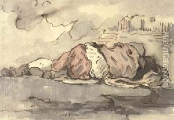 A Sleeping Beggar Oil Painting - Jacques-Augustin Pajou