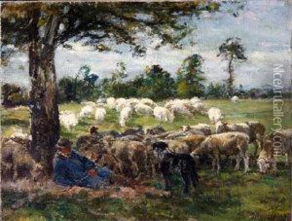 A Shepherd And His Dog Tending A Flock Of Sheep Oil Painting - William Mark Fisher