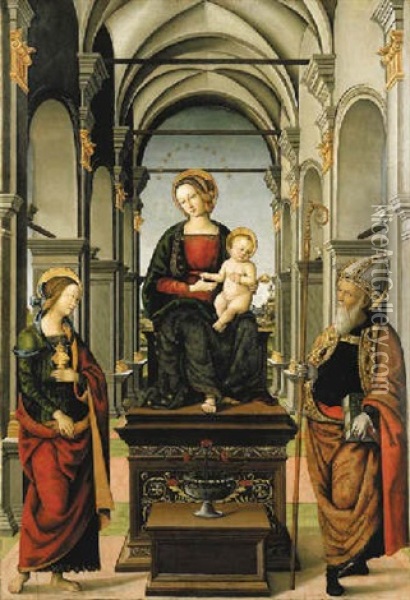 The Madonna And Child With Saints Mary Magdalen And Augustine Oil Painting - Girolamo Marchesi da Cotignola