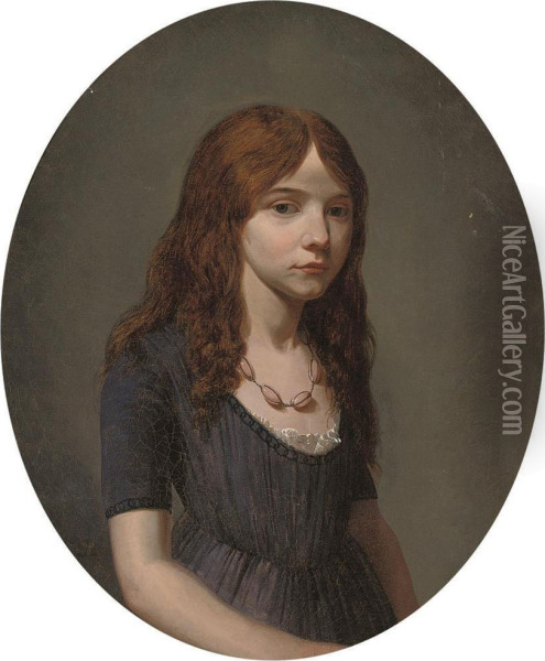 Portrait Of A Girl, Half-length, In A Blue Dress, Wearing A Rosequartz Necklace Oil Painting - Francois Duval