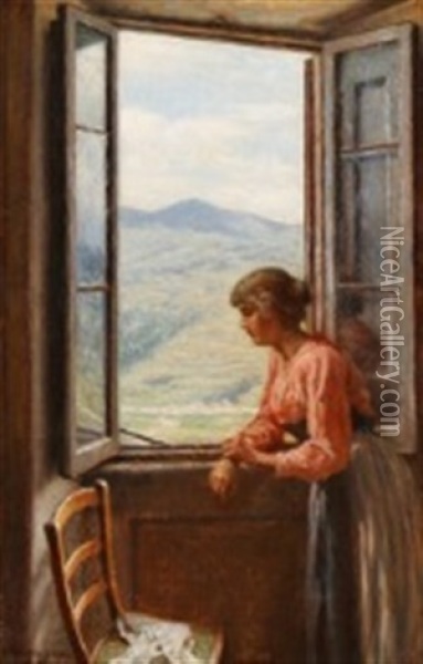 A Young Girl Looking Out Of The Window Oil Painting - Niels Frederik Schiottz-Jensen