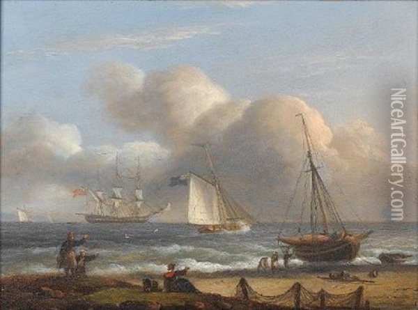 An Armed Cutter Caught In The Surf Off A Beach, With An Anchored Frigate Firing A Salute Offshore Oil Painting - Thomas Luny