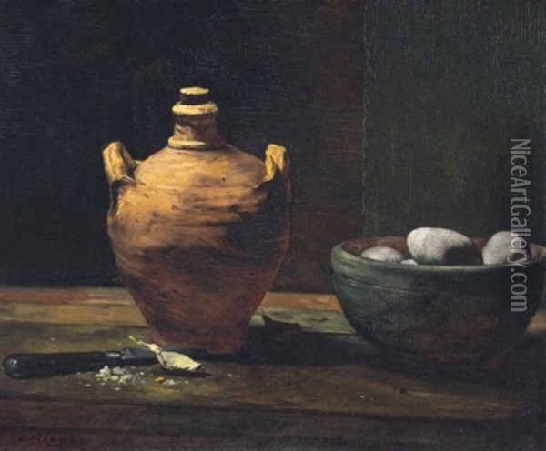 Still Life With Eggs, Garlic, And A Ceramic Jug Oil Painting - Theodule Ribot