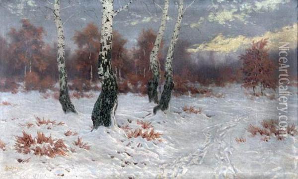 Zimowy Pejzaz Z Brzozami Oil Painting - Jan Grubinski
