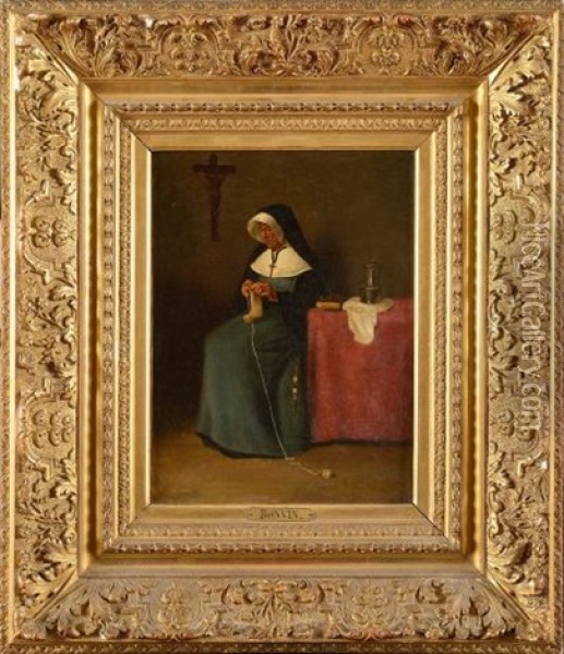 Religieuse Tricotant Oil Painting - Francois Bonvin