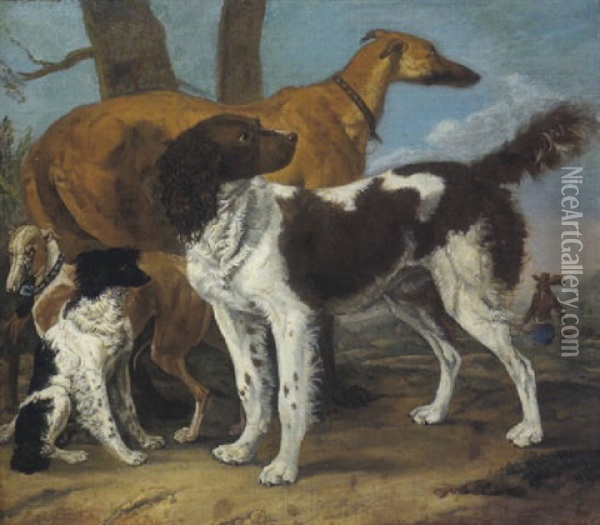 Portrat Von Vier Hunden In Einer Landschaft Im Hintergrund Ein Jager Mit Einem Weiteren Hund Oil Painting - Paulus Potter