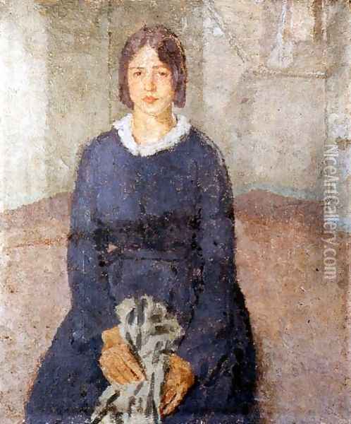 Girl in a blue dress holding a piece of sewing Oil Painting - Gwen John