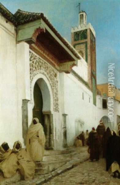 Sortie De La Mosquee, Maroc Oil Painting - Andre Hennebicq