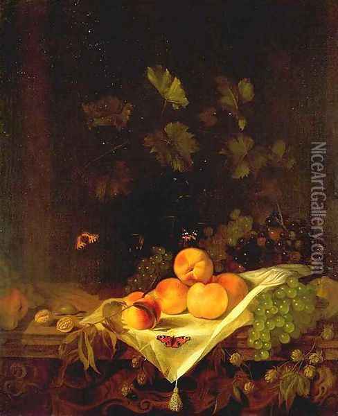 Still-life with Peaches and Grapes c. 1680 Oil Painting - Abraham Van Calraet