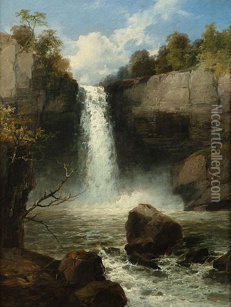 Melincourt Waterfall, Neath, South Wales Oil Painting - James Burrell-Smith