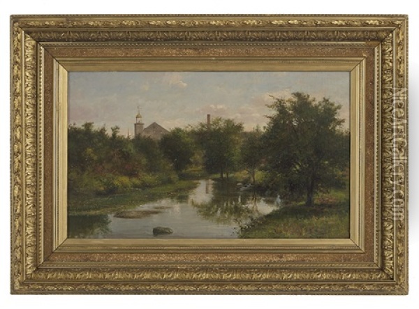 River Landscape With A View Of A Church Steeple Oil Painting - George Frank Higgins