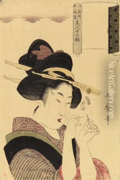 A Beauty Threading A Needle Oil Painting - Kitagawa Utamaro