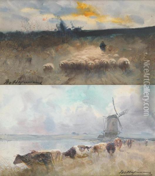 Troupeau De Vaches Et De Moutons Au Lever Et Coucher Du Soleil. Oil Painting - Maurice Hagemans