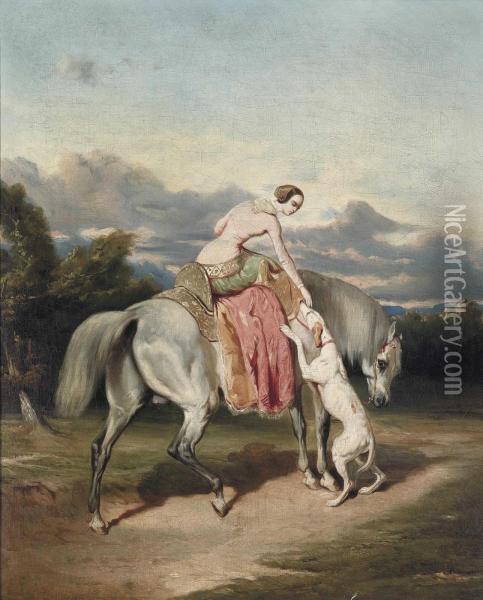 A Lady On Horseback Petting Her Dog Oil Painting - Alfred De Dreux