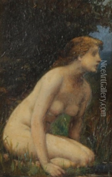 A Nude Girl Kneeling By A Riverbank Oil Painting - Jean Jacques Henner