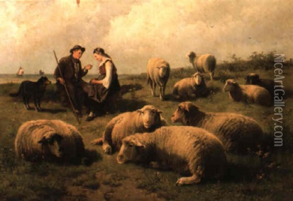 A Shepherd's Courtship Oil Painting - Cornelis van Leemputten