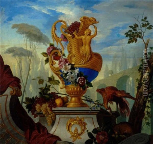 Opstilling Med Vase Og Frugter Pa En Balustrade I Klassicistisk Landskab Oil Painting - Carl Gustaf Plagemann