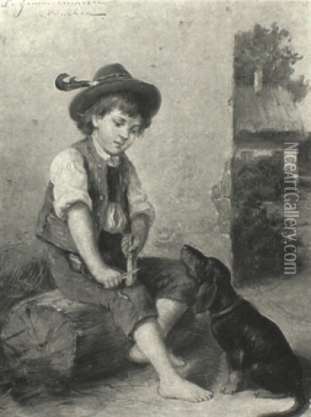 Young Boy With His Daschund Oil Painting - Friedrich August Zimmermann