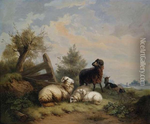 Ram And Goat At A Gate Oil Painting - Wilhelm Melchior