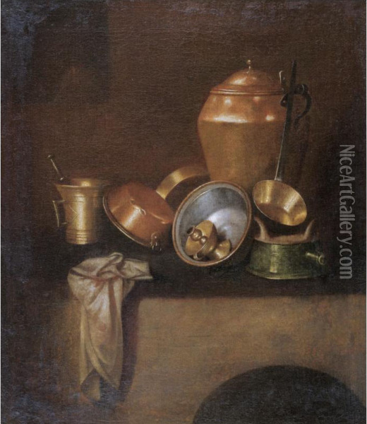 Still Life With Various Copper Cooking Utensils On A Hearth Oil Painting - Martin Dichtl