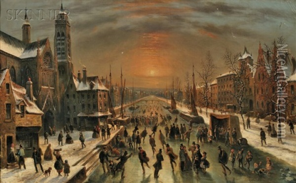 City Scene With Skaters On A Canal At Dusk Oil Painting - Louis-Claude Malbranche