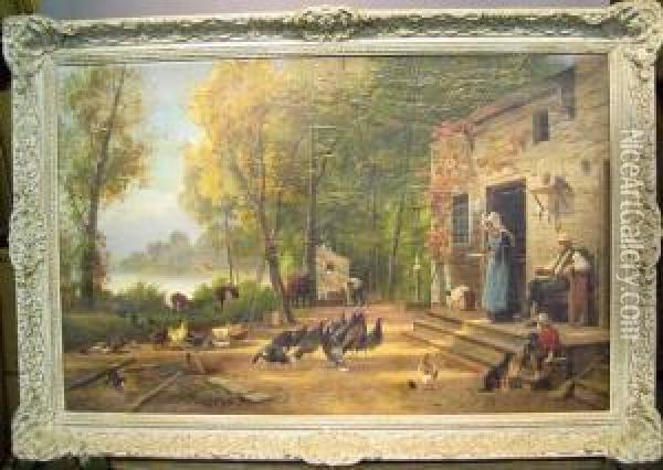 Farmyard Scene Oil Painting - William Karl Hahn