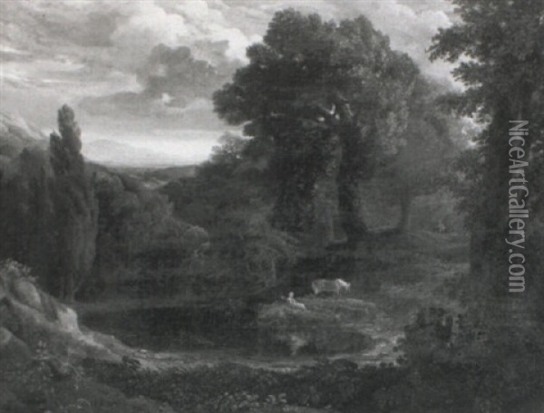 A Wooded Landscape, With A Lady And Her Horse Resting       Beside A Pool, A Waterfall And Mountains Beyond Oil Painting - Copley Fielding