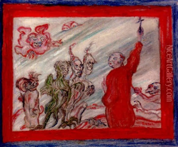 Diables Turlupant Un Religieux Oil Painting - James Ensor