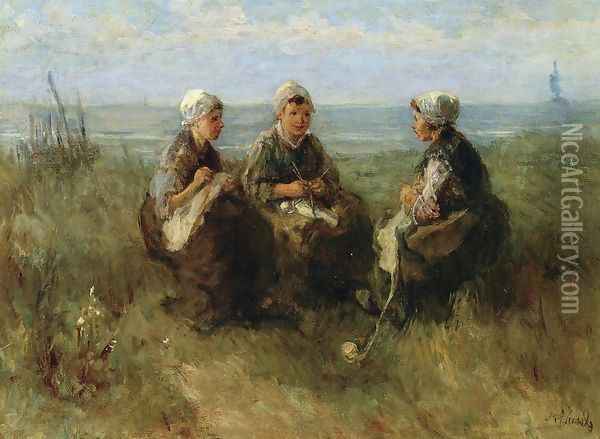 Three Women Knitting by the Sea Oil Painting - Jozef Israels