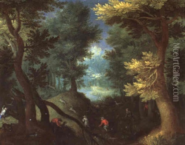 Waldlandschaft Mit Jagern Auf Der Hirschenjagd Oil Painting - Jan Brueghel the Elder
