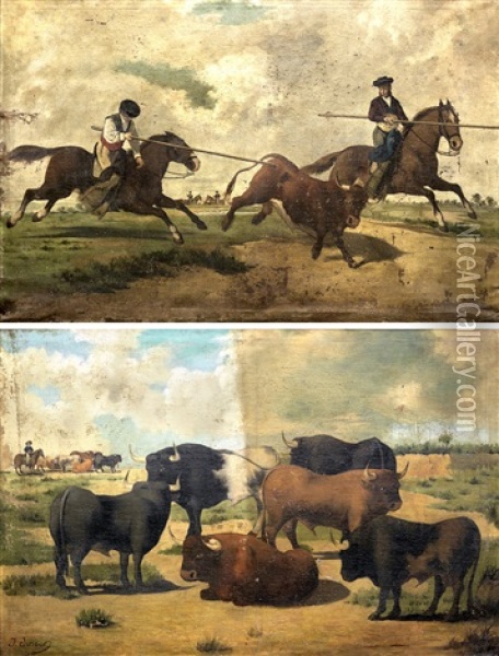 Toros Y Rejoneo (pair) Oil Painting - Jose Chavez y Artiz