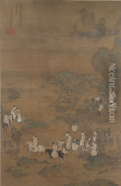 Die Dame Guoguo Und Ihre Schwestern Beim Fruhlingsausritt Oil Painting -  Emperor Huizong