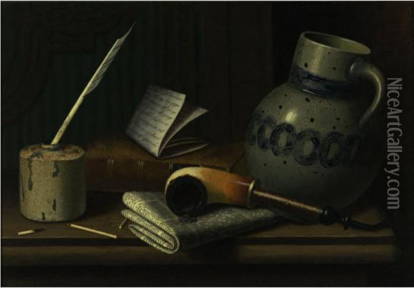 Still Life With Inkwell And Jug Oil Painting - William Michael Harnett