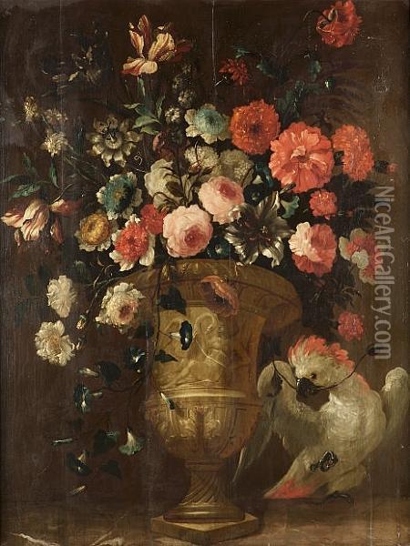 Tulips, Roses, Chrysanthemums, 
Morning Glory And Other Flowers In An Urn With A Cockatiel Tugging On A 
Flower Oil Painting - Pieter III Casteels