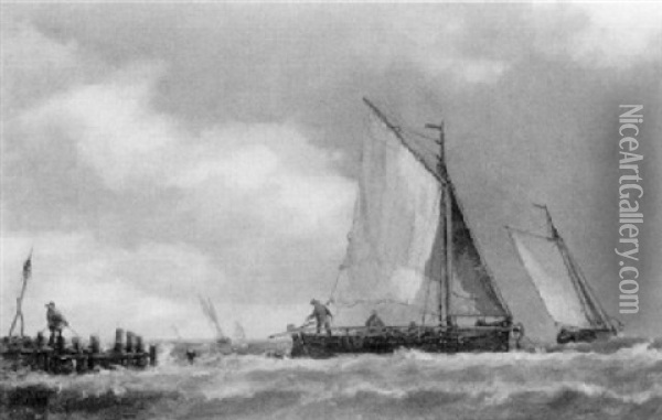 Coastal Vessels Off A Jety In Choppy Seas Oil Painting - Richard Henry Nibbs