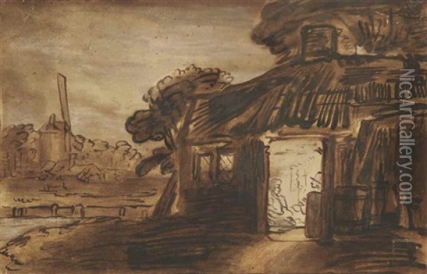 Deux Personnes Dans Une Chaumiere, Un Moulin A L'arriere-plan Oil Painting - Abraham Furnerius