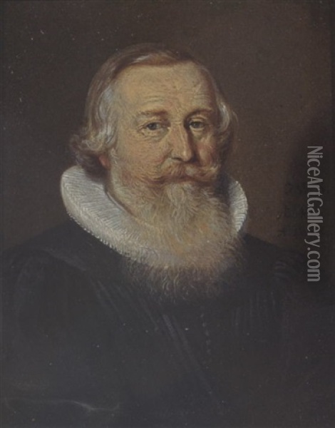 A Portrait Of An Elderly Bearded Gentleman Aged 46, Wearing A Black Coat And A White Lace Collar Oil Painting - Conrad Meyer