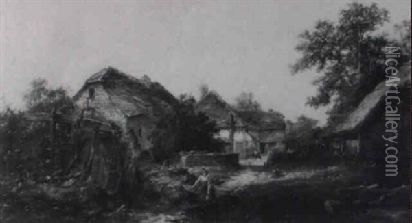Woman Fetching Water By A Mill, Farm Buildings To Background Oil Painting - John Constable