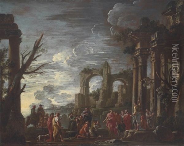 A Capriccio Landscape With A King And Other Figures Amidst Classical Ruins Oil Painting - Giovanni Ghisolfi