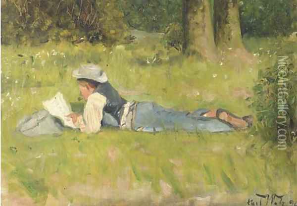 Im Grutnewald reading in the grass Oil Painting - Carl Welz