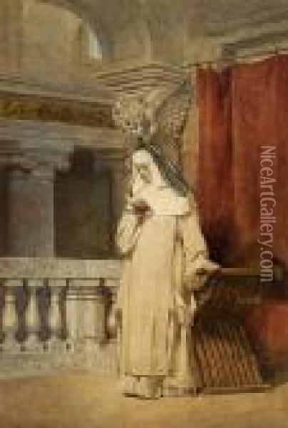 Nun Reading In A Church Interior Oil Painting - Enrico Coleman