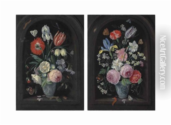 Roses, Morning-glories, A Carnation, An Iris And Other Flowers In A...; Roses, An Iris, A Carnation, A Tulip And Other Flowers In A... (pair) Oil Painting - Jan van Kessel the Younger