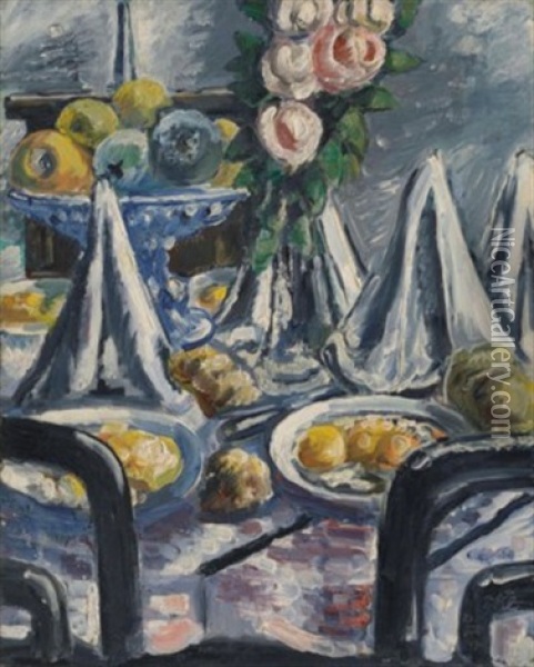 Gedeckter Tisch Mit Servietten Und Rosen Oil Painting - Paul Kleinschmidt