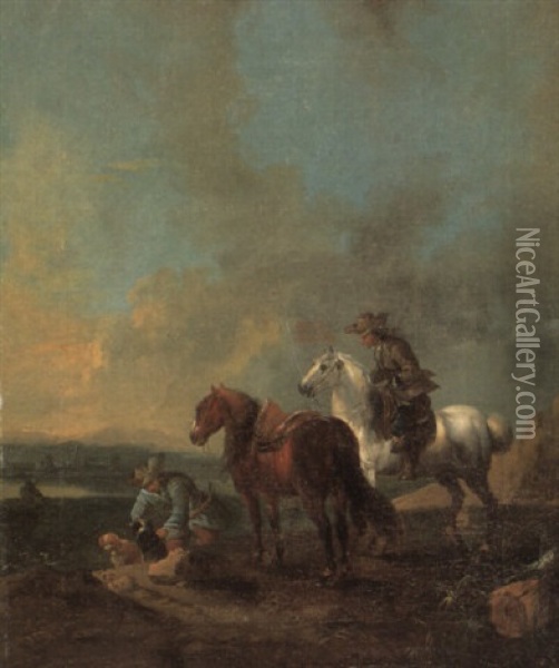 Two Huntsmen With Their Horses And Dogs Oil Painting - August Querfurt