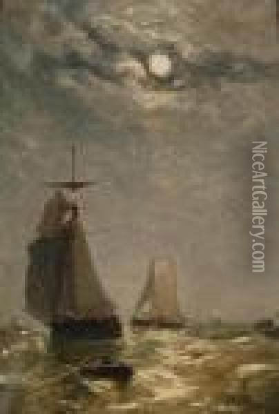 Moonlight View Of Fishing Boats Oil Painting - Paul-Jean Clays