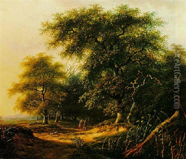 Travellers In A Summer Landscape Oil Painting - Andreas Schelfhout
