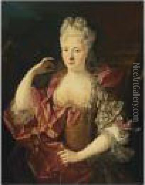 A Half Lenght Portrait Of A Lady As Diana Wearing A Pink Silk Dress Oil Painting - Nicolas de Largillierre