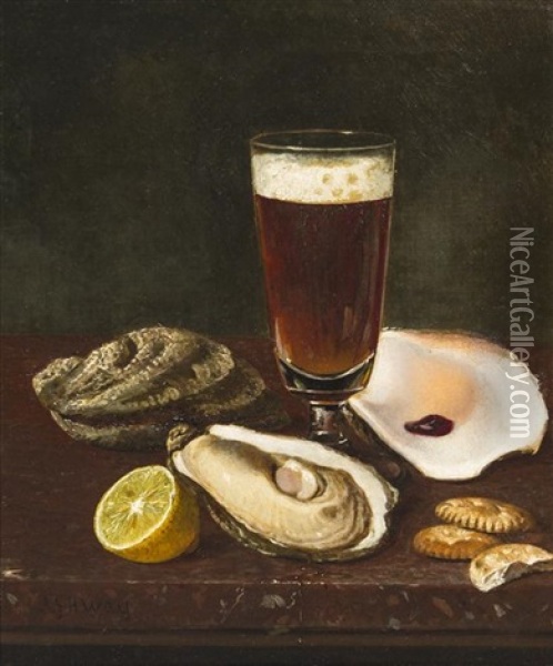 Still Life With Oysters And Beer Oil Painting - Andrew John Henry Way
