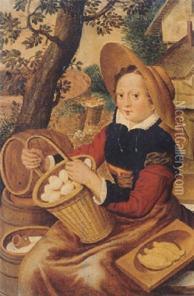 A Peasant Woman Offering Eggs, Butter And Milk At A Stall By A Farm Oil Painting - Joachim Beuckelaer