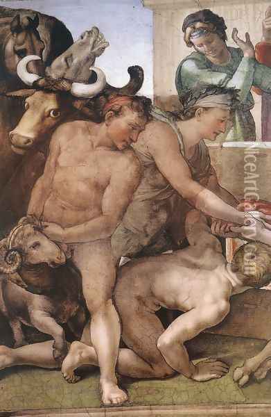 Sacrifice of Noah (detail-1) 1509 Oil Painting - Michelangelo Buonarroti